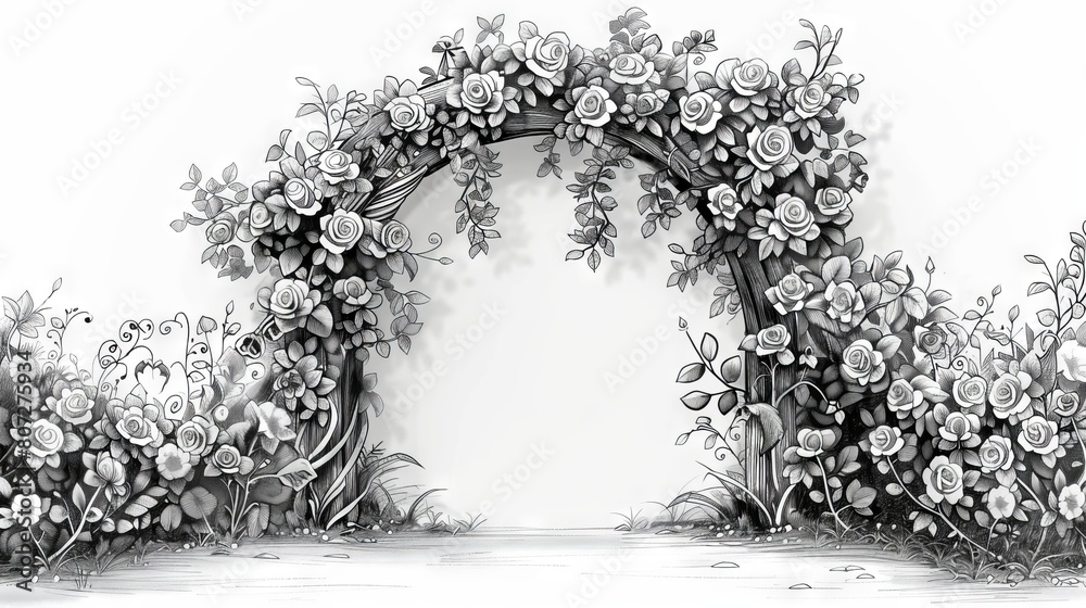 Black and white pencil drawing of a garden arch.