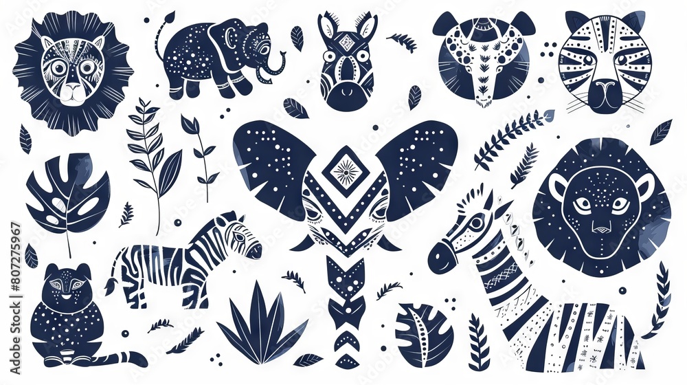 Blue and white pattern with cute hand drawn african animals. Perfect for nursery, kids room or textile. Blue and white pattern with cute hand drawn african animals. Perfect for nursery, kids room or textile.
