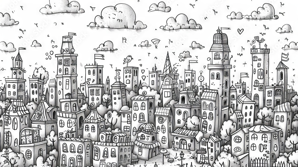 The black and white drawing shows a cityscape with many tall buildings. The sky is cloudy. The black and white drawing shows a cityscape with many tall buildings. The sky is cloudy.