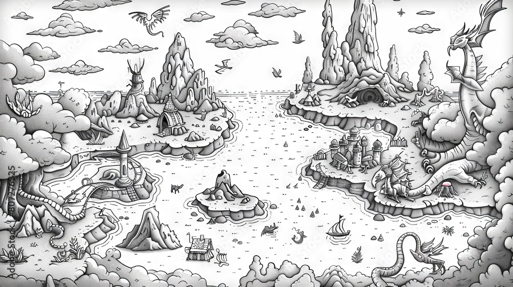 The image is a black and white drawing of a fantasy landscape. There ...