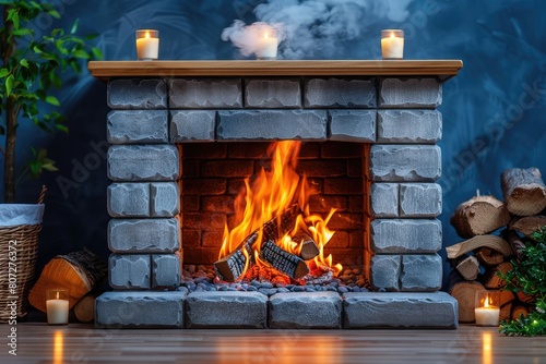 a stone fireplace with candles and lanterns on the mantle