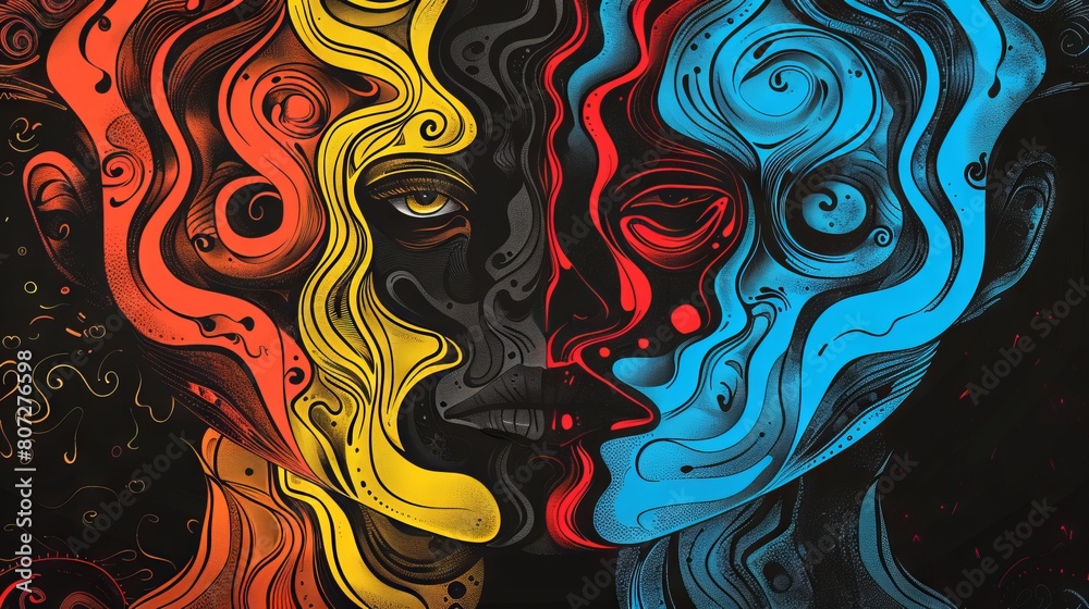 The image is of two faces, one in red and yellow and the other in blue, with their mouths open and eyes closed. The background is black.