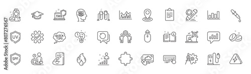 Report diagram, Chemistry beaker and Graduation cap line icons. Pack of Inspect, Nurse, Cogwheel dividers icon. Cloud computing, Chemistry pipette, Puzzle pictogram. Uv protection. Line icons. Vector