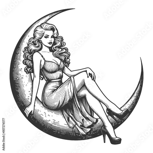 elegant pin-up girl woman seated in a crescent moon, evoking Art Nouveau style sketch engraving generative ai fictional character vector illustration. Scratch board imitation. Black and white image.