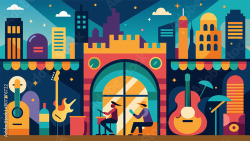 A vibrant mural on the front of the music bar depicting a bustling city scene with music notes and instruments woven into the artwork. Vector illustration