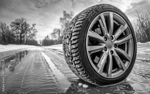 A single winter tire with deep treads and a shiny alloy wheel.