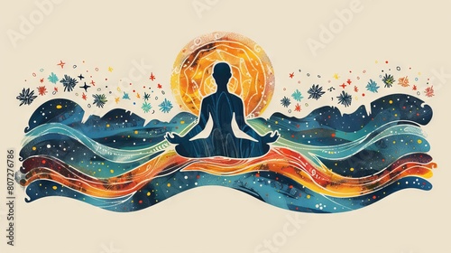 The image shows a person meditating in a peaceful setting. The colors are muted and the overall feeling is one of tranquility.