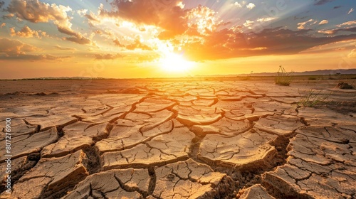A desolate, dry, and barren landscape with a bright sun in the sky