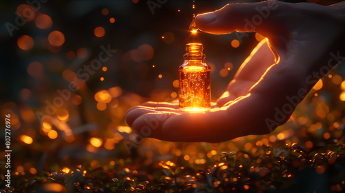 A 3D render of a hand applying a drop of serum from a dropper bottle, illuminated by a soft, glowing light photo
