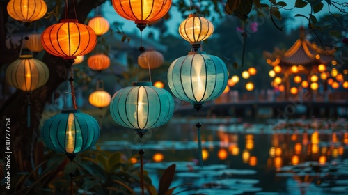 A group of colorful lanterns hanging from a tree by a body of water. The lanterns are lit up, creating a warm and inviting atmosphere. Concept of relaxation and tranquility
