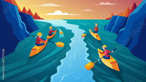 A team of canoeists working together to navigate a particularly narrow and rocky section of the slalom course.. Vector illustration photo