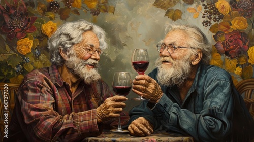 Two men are sitting at a table, each holding a wine glass. They are smiling and enjoying their wine