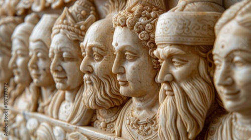A group of statues of men and women with one of the men wearing a beard. The statues are all white and arranged in a row