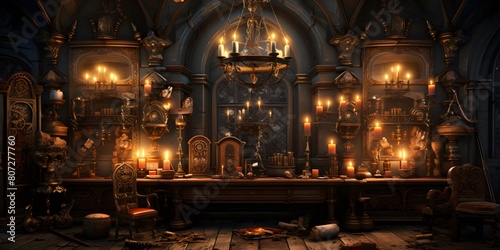 3D rendering of an old magic room with a lot of objects