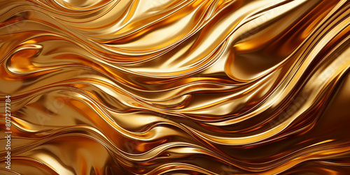 Abstract golden waves with a metallic texture create a luxurious, flowing background design
