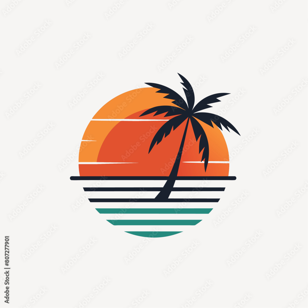 Sunset logo vector art illustration with coconut tree (17)