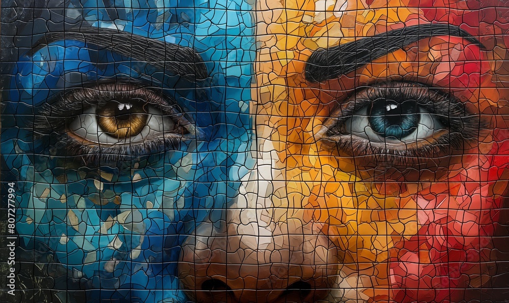 Completed puzzle with a woman's face, close-up.