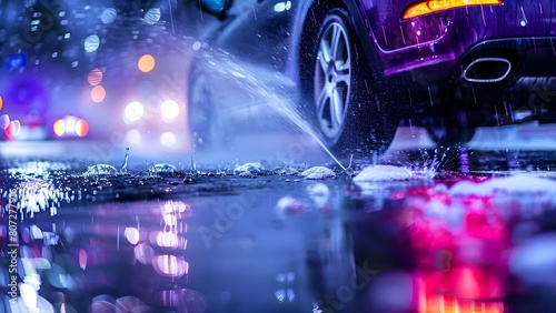 Car tires spraying water on wet road emphasizing road safety. Concept Road Safety, Wet Road, Car Tires, Water Spraying, Driving Conditions photo