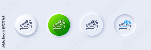 Burger with fries line icon. Neumorphic, Green gradient, 3d pin buttons. Fast food restaurant sign. Hamburger or cheeseburger symbol. Line icons. Neumorphic buttons with outline signs. Vector
