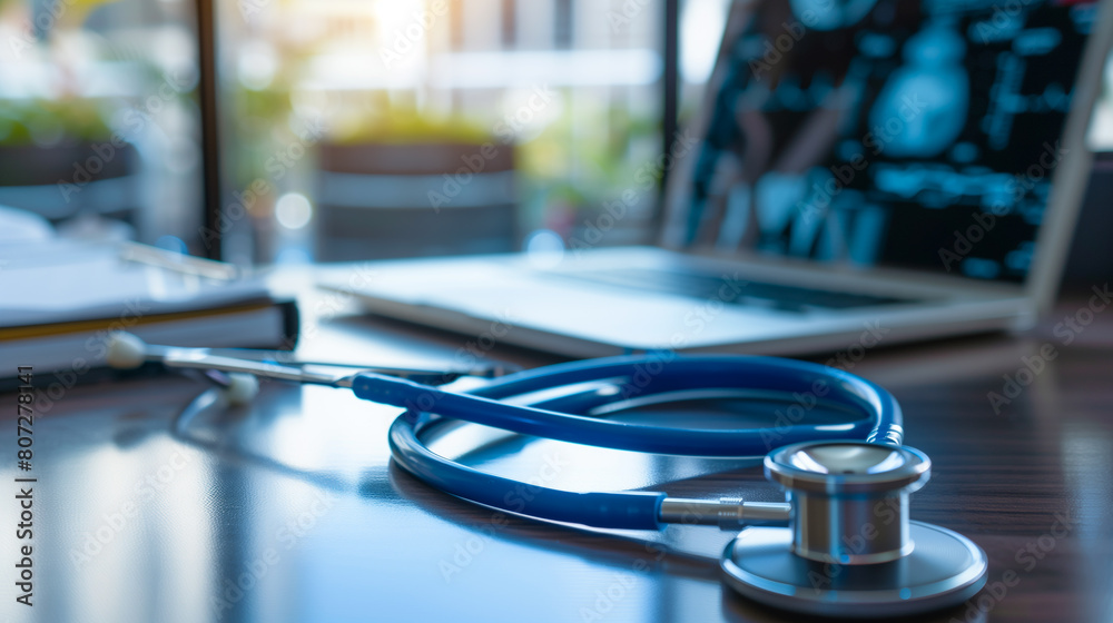 Stethoscope and Laptop on Doctor's Desk. Close-up of a blue stethoscope lying on a reflective desk alongside a laptop displaying medical data, indicative of a modern healthcare setting. Stethoscope and Laptop on Doctor's Desk. Close-up of a blue stethoscope lying on a reflective desk alongside a laptop displaying medical data, indicative of a modern healthcare setting.