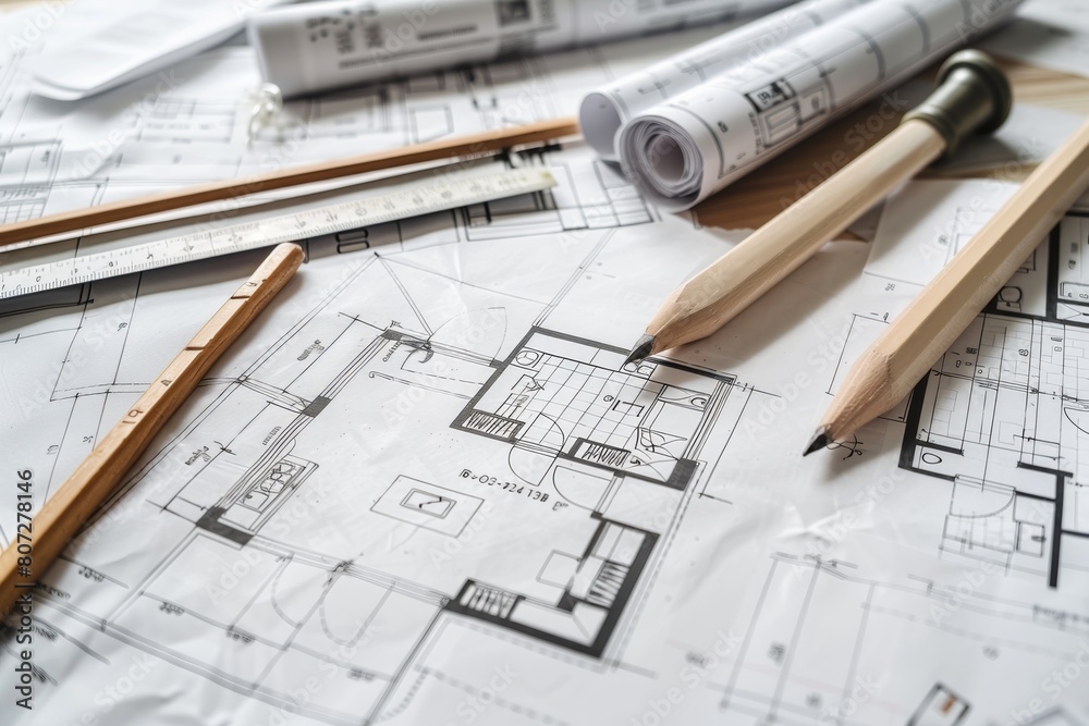 Architectural drawings and pencils are carefully placed on top of a blueprint, showcasing the creative process and design ideas for a renovation project. Generative AI Architectural drawings and pencils are carefully placed on top of a blueprint, showcasing the creative process and design ideas for a renovation project. Generative AI
