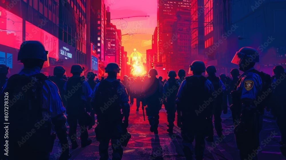 A group of soldiers are walking down a street in a city. The sky is orange and the buildings are tall