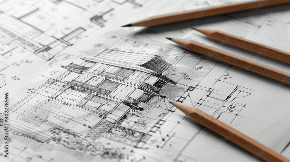 A collection of various pencils neatly arranged on top of a detailed blueprint for a project renovation, showcasing the creative process of designing and planning construction projects. Generative AI A collection of various pencils neatly arranged on top of a detailed blueprint for a project renovation, showcasing the creative process of designing and planning construction projects. Generative AI