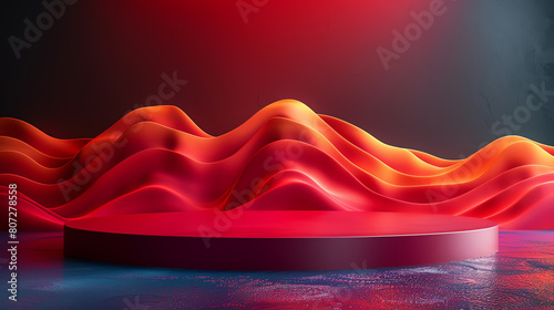A 3D podium in vivid red, featuring organic, flowing curves that enhance the visual appeal of gourmet foods, against a stark black background photo