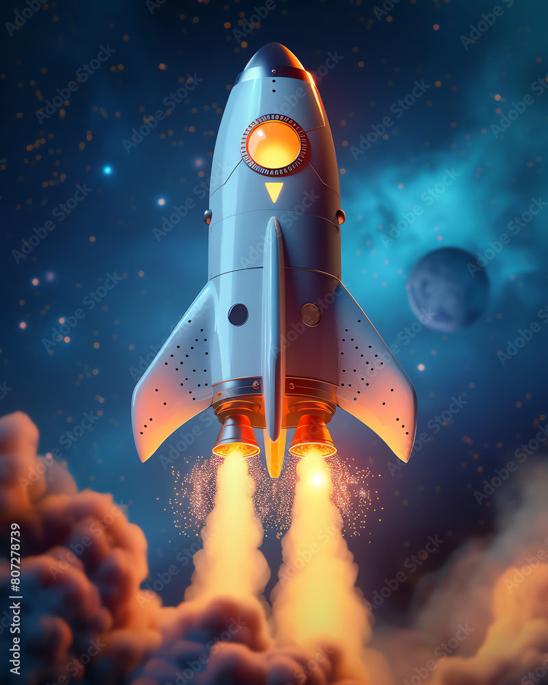 A 3D space exploration rocket icon, designed in glossy white, launching off against a deep space blue background