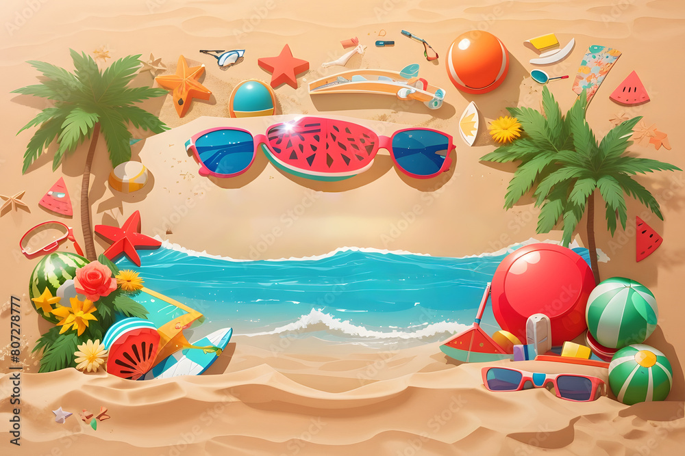 Hello summer vector background design. Hello summer greeting text in sand with beach element of watermelon, sunglasses, sun screen, beach ball, lifebuoy, umbrella, surfing board, and luggage design