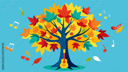 A vibrant maple tree with brightly colored leaves representing various Latin music genres like salsa merengue and bossa nova. Vector illustration