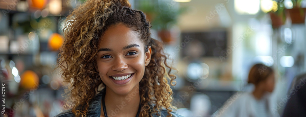 wide closeup photo of cute woman with looking at camera with pretty smile and copy space wide closeup photo of cute woman with looking at camera with pretty smile and copy space