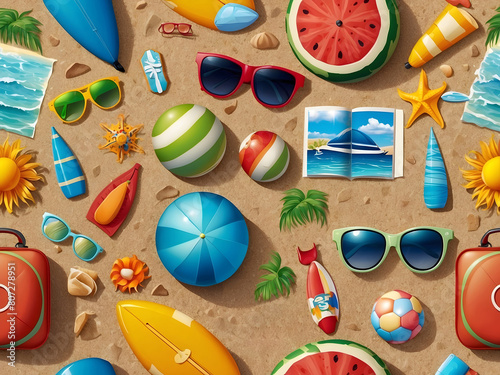 Hello summer vector background design. Hello summer greeting text in sand with beach element of watermelon, sunglasses, sun screen, beach ball, lifebuoy, umbrella, surfing board, and luggage design