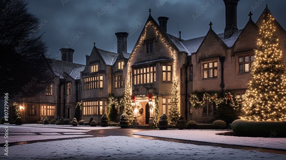 Christmas at the manor, English countryside style estate in winter with garden and festive exterior landscape decor Christmas at the manor, English countryside style estate in winter with garden and festive exterior landscape decor