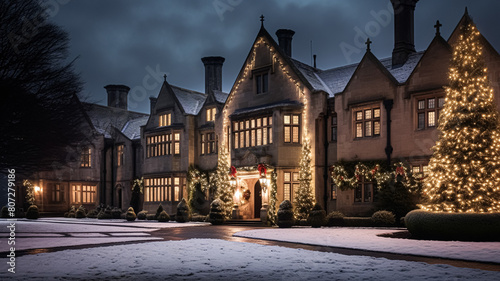 Christmas at the manor  English countryside style estate in winter with garden and festive exterior landscape decor