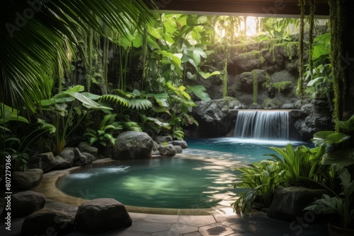 Tranquil natural pool with waterfall surrounded by lush tropical foliage at twilight