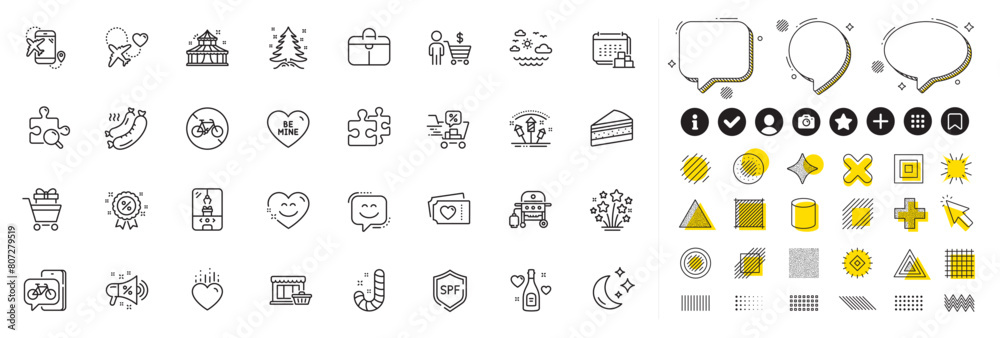 Fototapeta premium Set of Moon, Christmas tree and Marketplace line icons for web app. Design elements, Social media icons. Cake, Circus, Shopping trolley icons. Honeymoon travel, Smile chat, Bike app signs. Vector