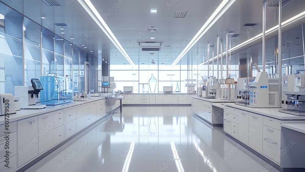 A large, clean, and sterile laboratory with many white cabinets and counters. The room is filled with various scientific equipment and instruments, including a large number of bottles and vials A large, clean, and sterile laboratory with many white cabinets and counters. The room is filled with various scientific equipment and instruments, including a large number of bottles and vials