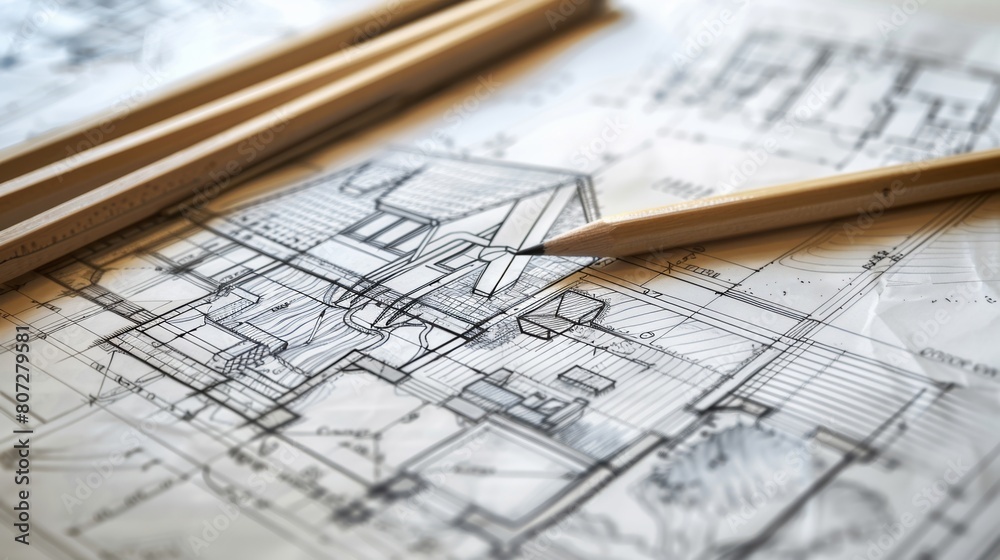 A variety of colorful pencils are scattered on top of a detailed blueprint, adding an artistic touch to the project renovation sketch. Generative AI A variety of colorful pencils are scattered on top of a detailed blueprint, adding an artistic touch to the project renovation sketch. Generative AI