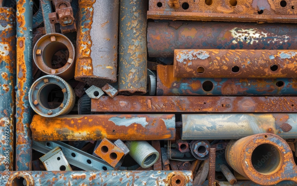 Assorted metal scraps, pipes, and beams in various shapes and stages of rust.