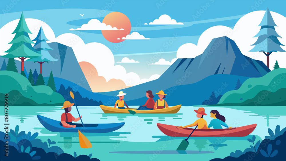 A leisurely kayaking excursion through calm waters with guests taking in the stunning scenery and reconnecting with their inner selves.. Vector illustration