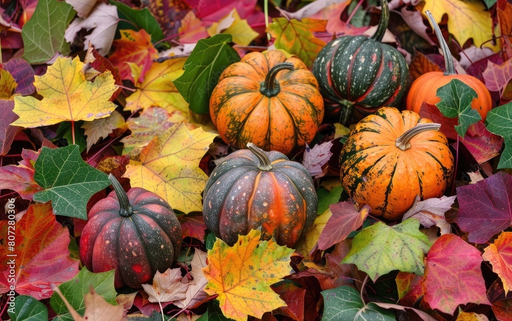 Autumn arrangement with colorful pumpkins and vibrant leaves.
