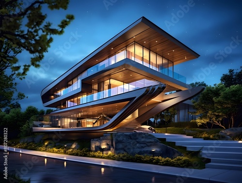 Modern building exterior at night with lights and reflections. 3d rendering