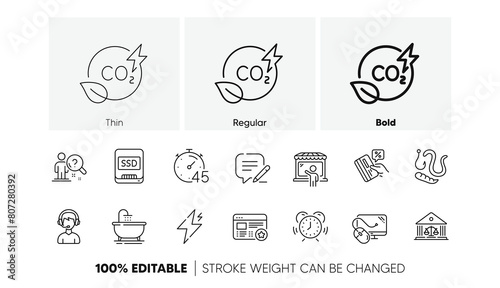 Market seller  Credit card and Court building line icons. Pack of Power  Co2 gas  Write icon. Time management  Computer mouse  Timer pictogram. Consultant  Favorite  Worms. Bath  Ssd. Vector