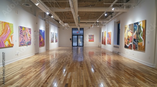 A large room with many paintings on the walls. The paintings are colorful and abstract photo