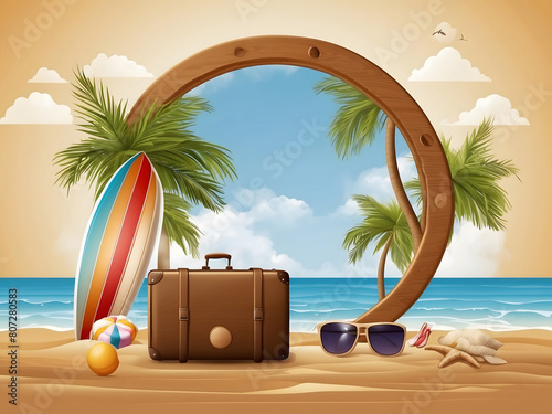 Hello summer vector background template. Hello summer enjoy every moment text in wood with beach and travel elements like luggage  sunglasses  beach ball  floater  surfboard and beach ball design.