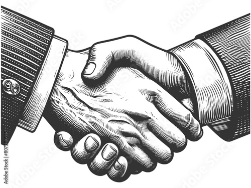 Businessman firm handshake, symbolizing trust, agreement, and partnership in a vintage style sketch engraving generative ai vector illustration. Scratch board imitation. Black and white image.