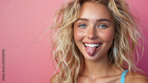 Woman Making Funny Face With Hair Blowing in Wind photo