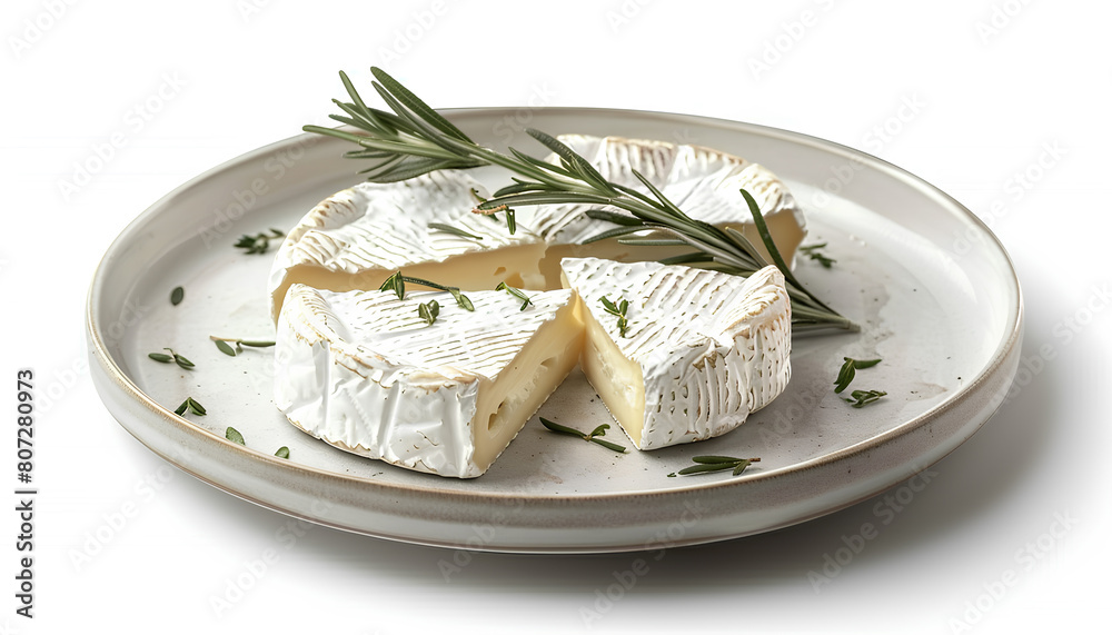 Plate with pieces of tasty Camembert cheese on white background Plate with pieces of tasty Camembert cheese on white background