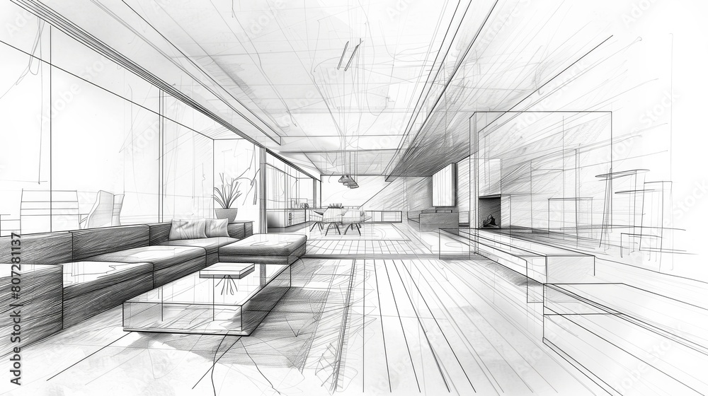A detailed drawing showcasing a modern living room filled with comfortable couches and elegant tables, exuding a cozy and inviting atmosphere. Generative AI A detailed drawing showcasing a modern living room filled with comfortable couches and elegant tables, exuding a cozy and inviting atmosphere. Generative AI